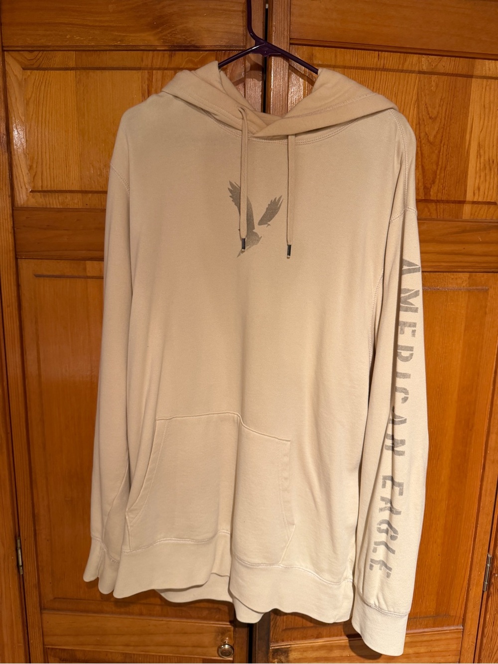 American Eagle Outfitters Beige Crewneck Hooded Sweatshirt with Sleeve Logo